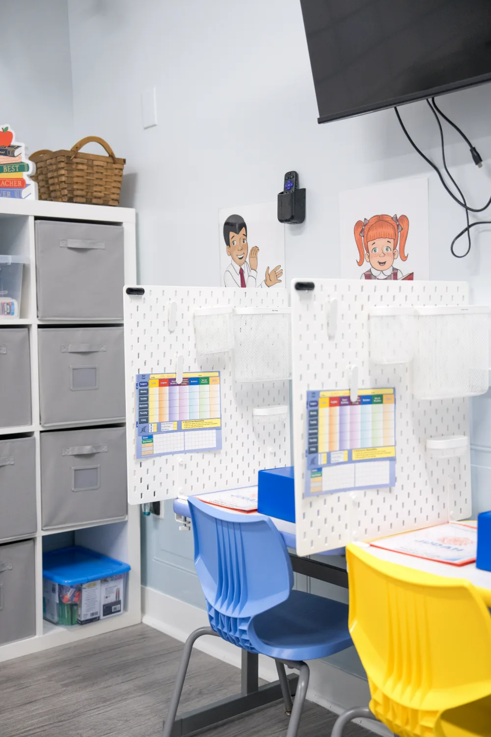 A study station stocked with folders, organisers and school supplies.