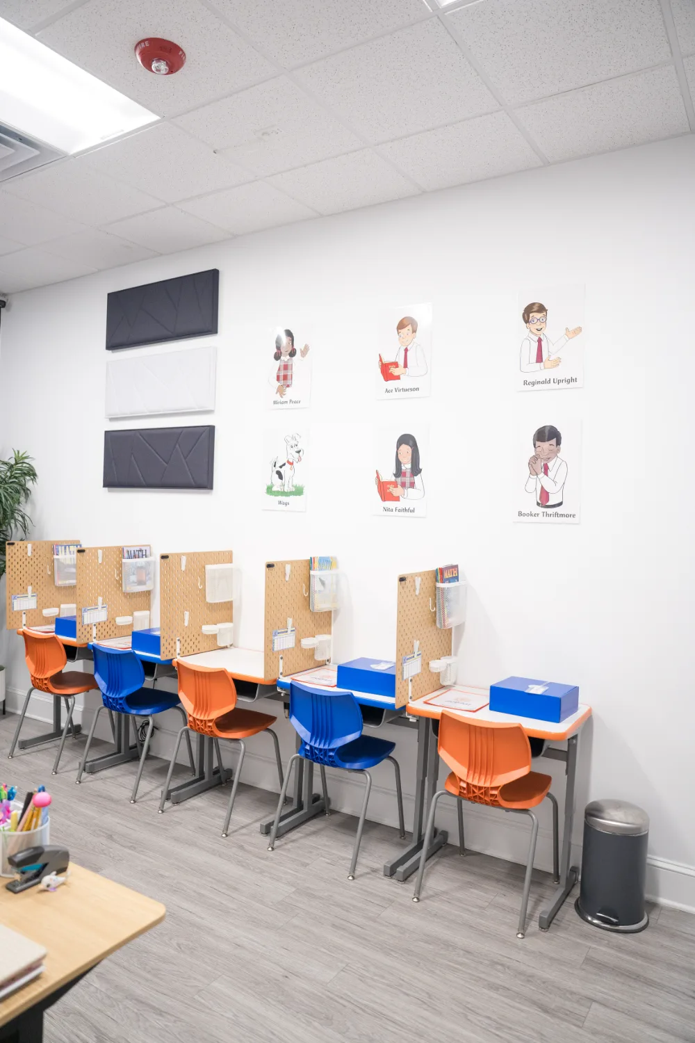 Curriculum character posters lining a classroom wall.