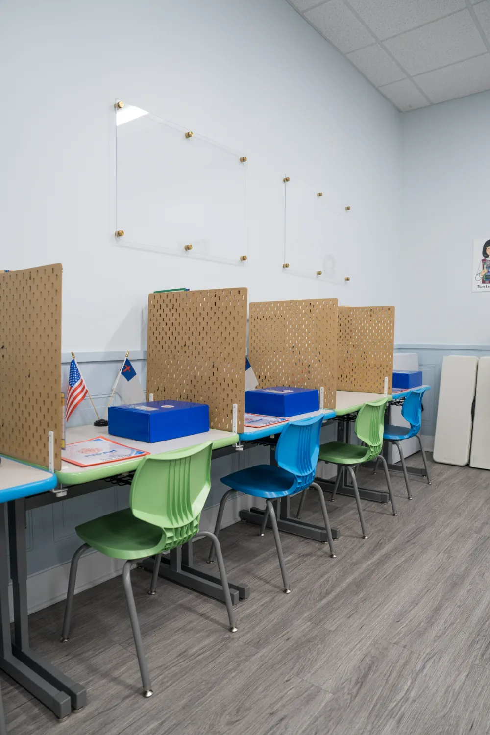 Study stations with small flags along the classroom wall.